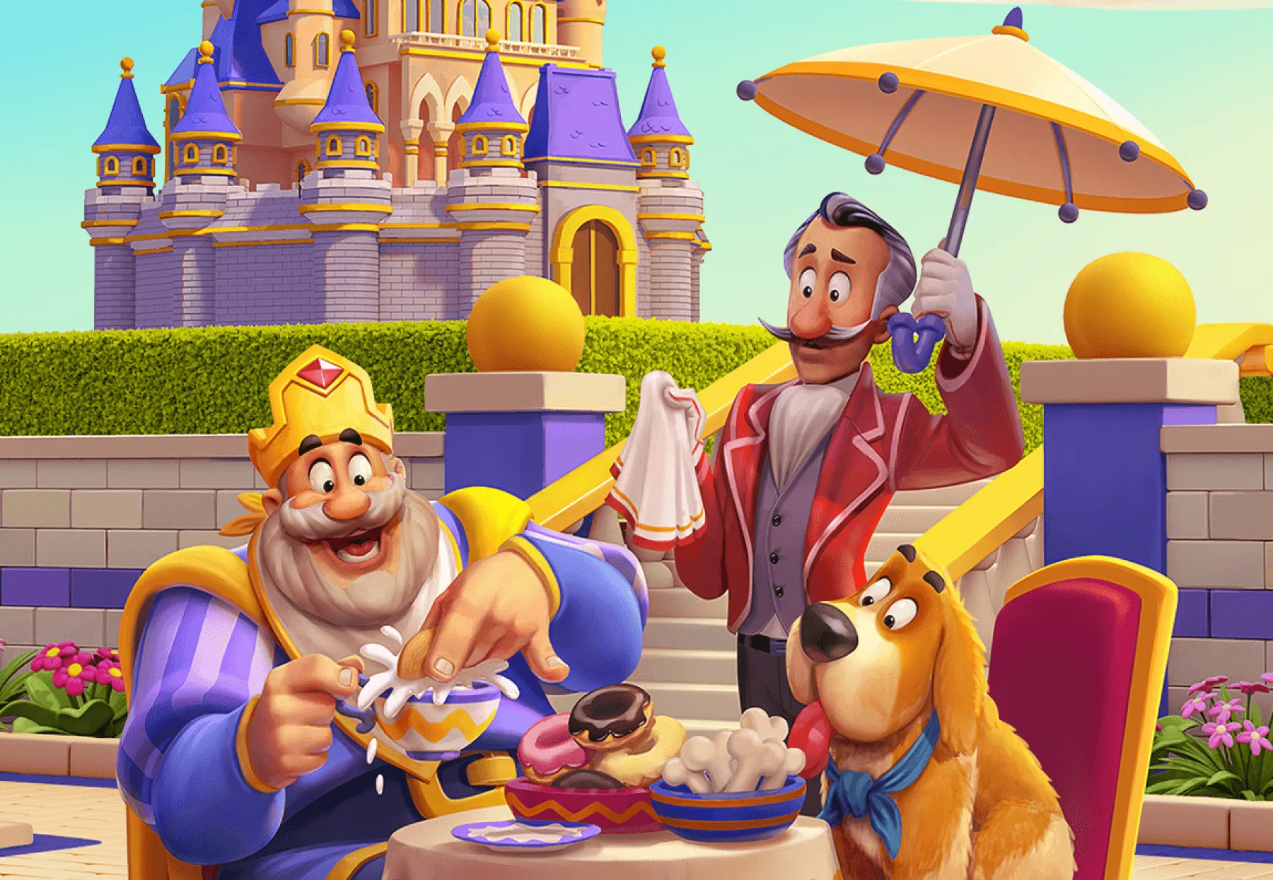 King Robert enjoying desserts at a table, Winston holding an umbrella, and Duke the dog watching eagerly from the Royal Match game.